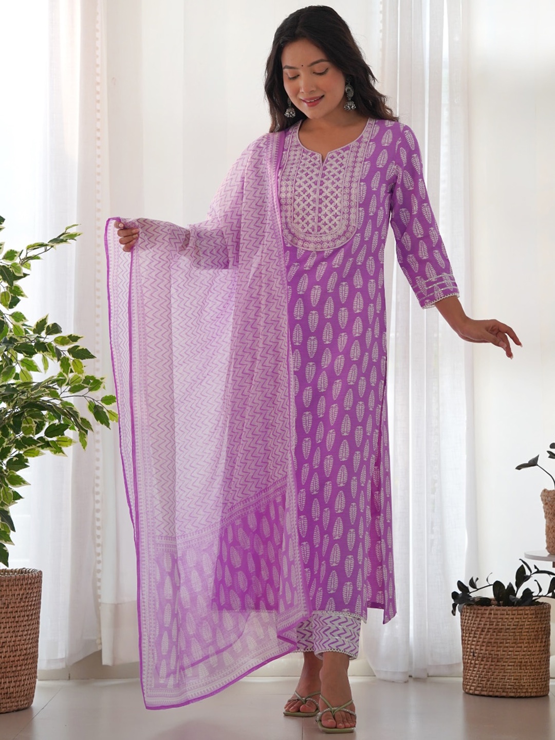 

KALINI Ethnic Motifs Printed Thread Work Straight Kurta & Trousers With Dupatta, Purple