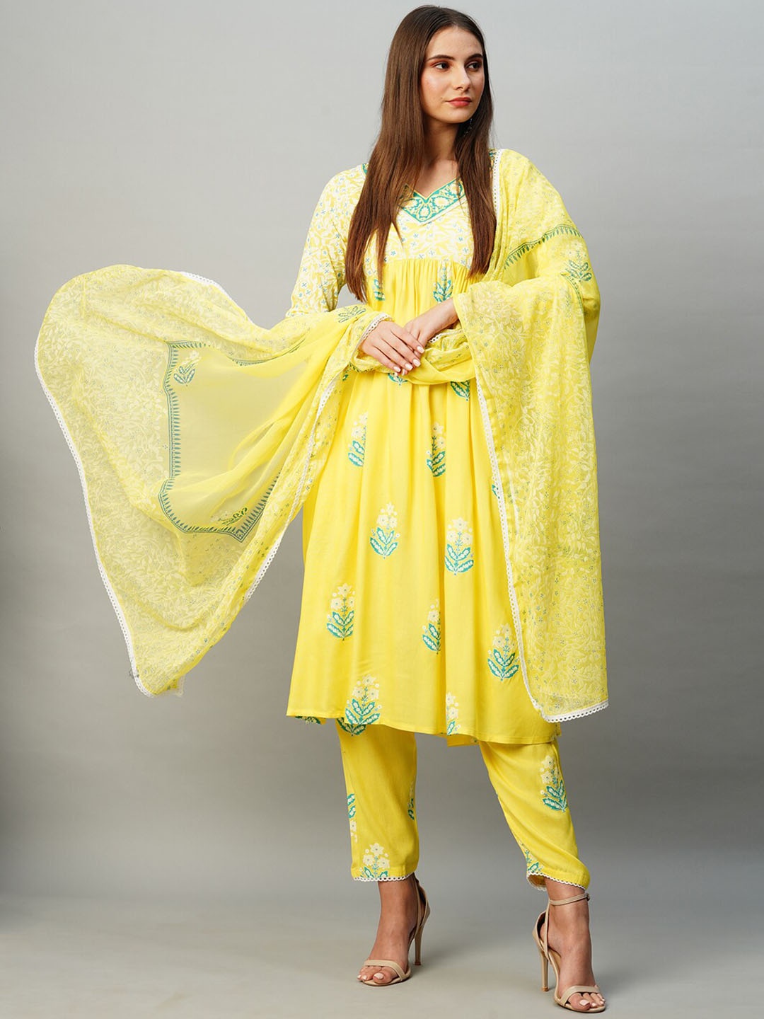 

KALINI Ethnic Motifs Printed V-Neck Pleated A-Line Kurta & Trouser With Dupatta, Yellow