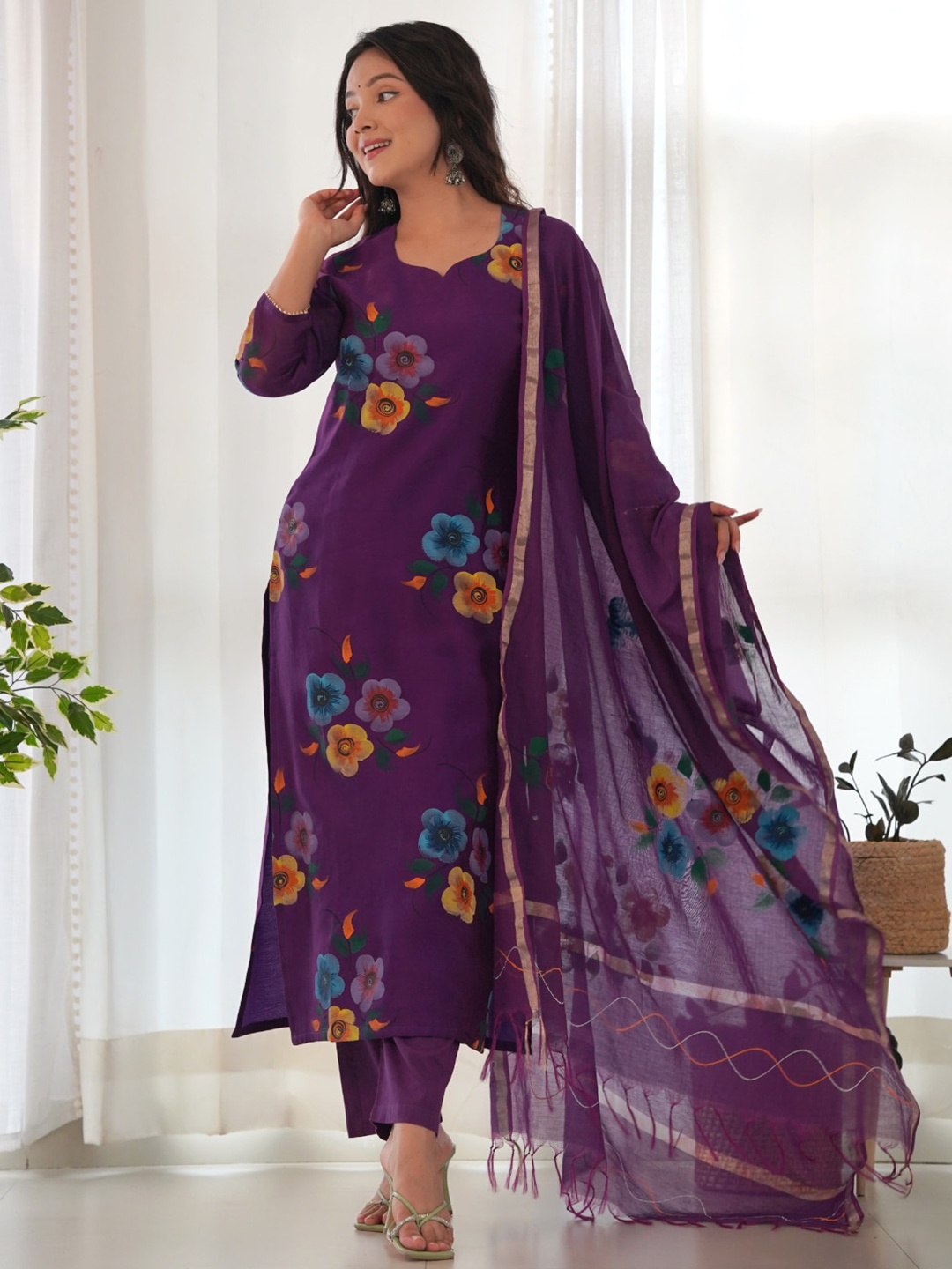 

KALINI Floral Printed Gotta Patti Straight Kurta With Trousers & Dupatta, Violet