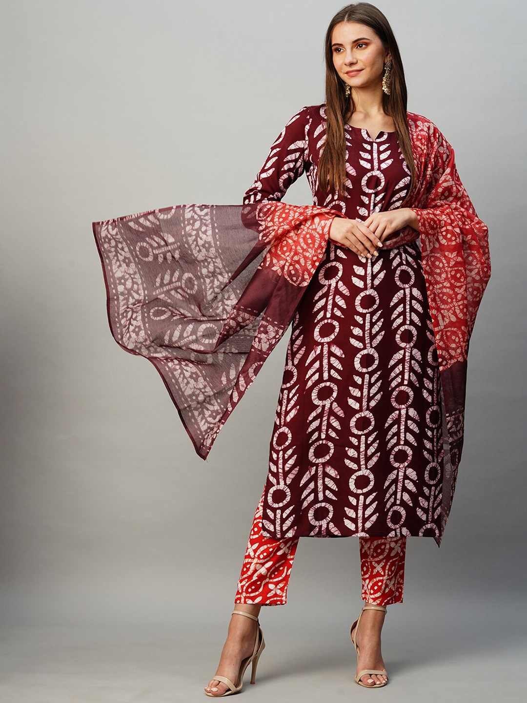 

KALINI Ethnic Motifs Printed Straight Kurta With Trousers & Dupatta, Burgundy