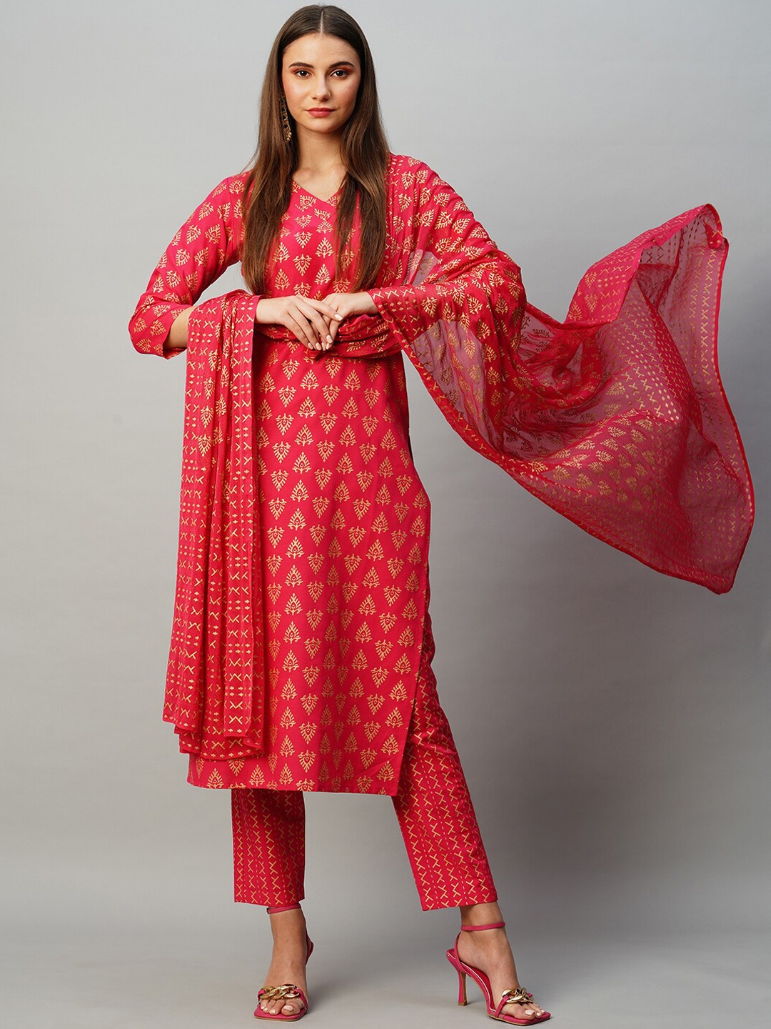 

KALINI Ethnic Motifs Straight Kurta With Trousers & Dupatta, Pink