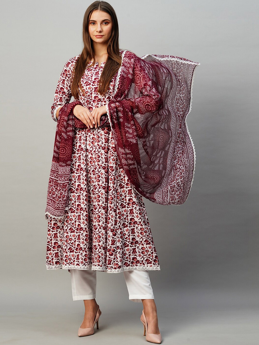 

KALINI Floral Printed Anarkali Kurta & Trousers With Dupatta, Brown