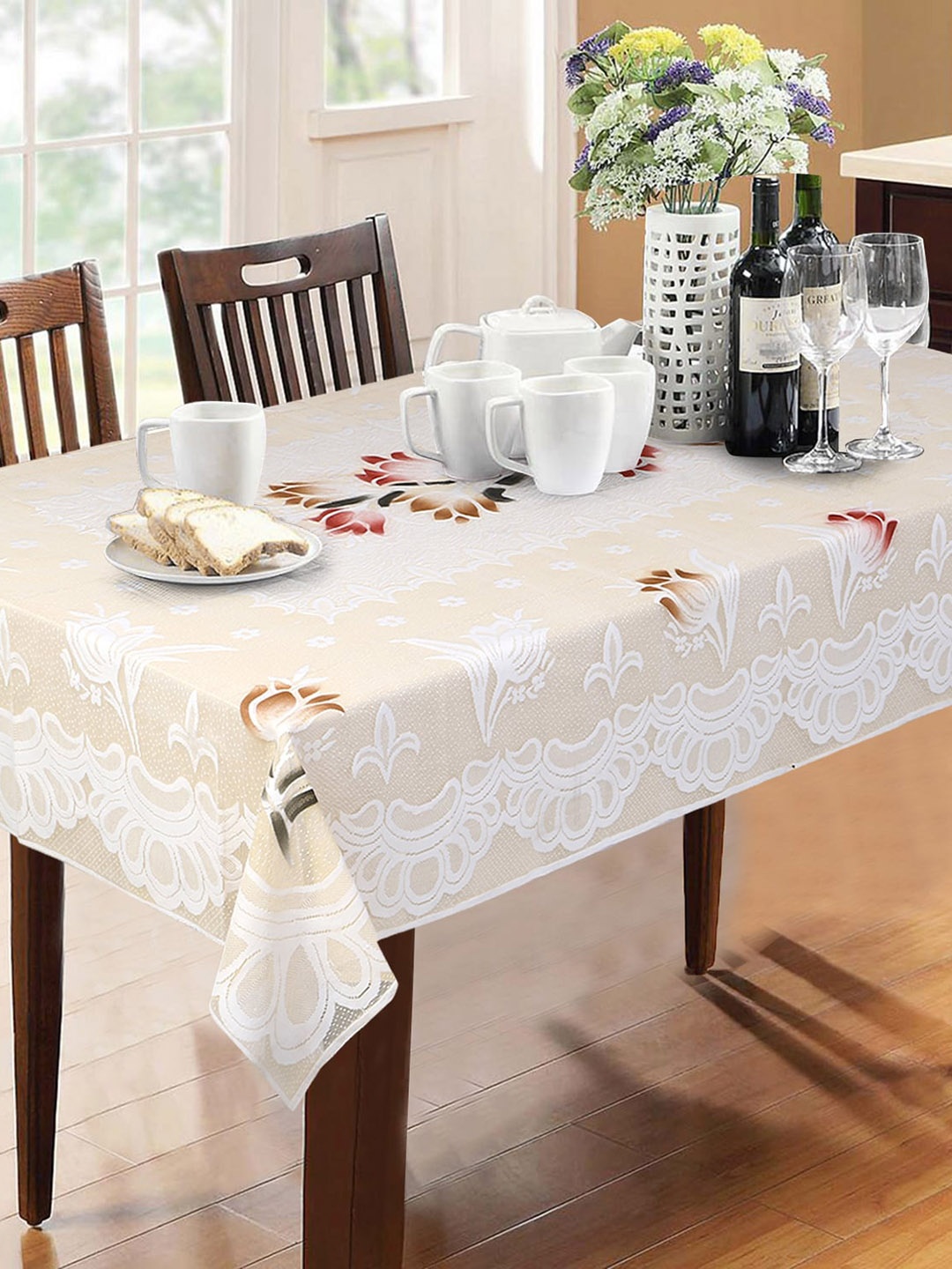 

Dakshya Industries Cream & White Floral Pure Cotton Table Cover