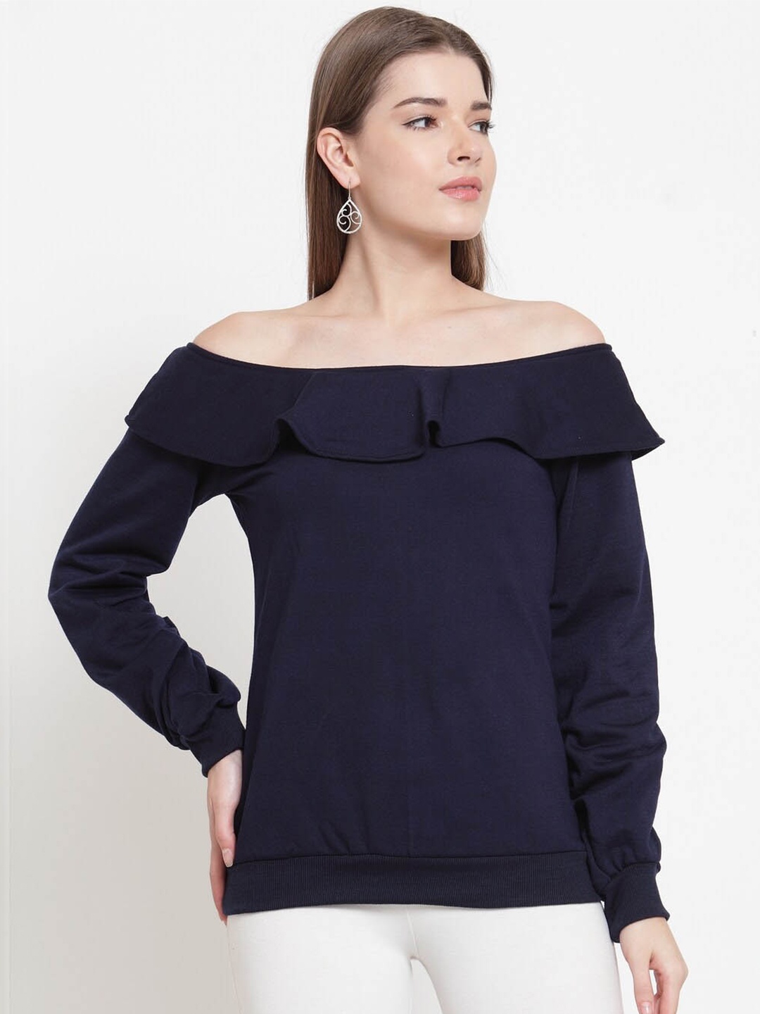 

BAESD Off Shoulder Ruffled Fleece Pullover, Navy blue