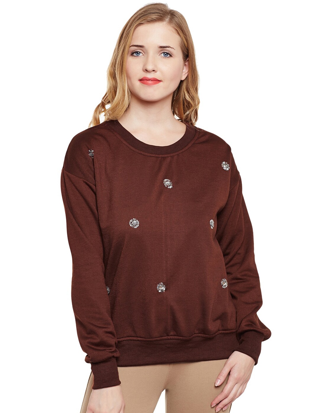 

BAESD Embroidered Sequined Fleece Pullover, Brown