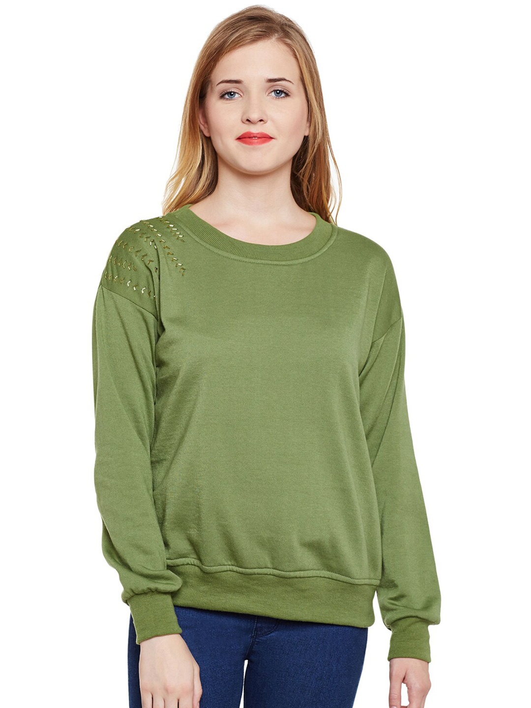 

BAESD Round Neck Embellished Sweatshirt, Olive