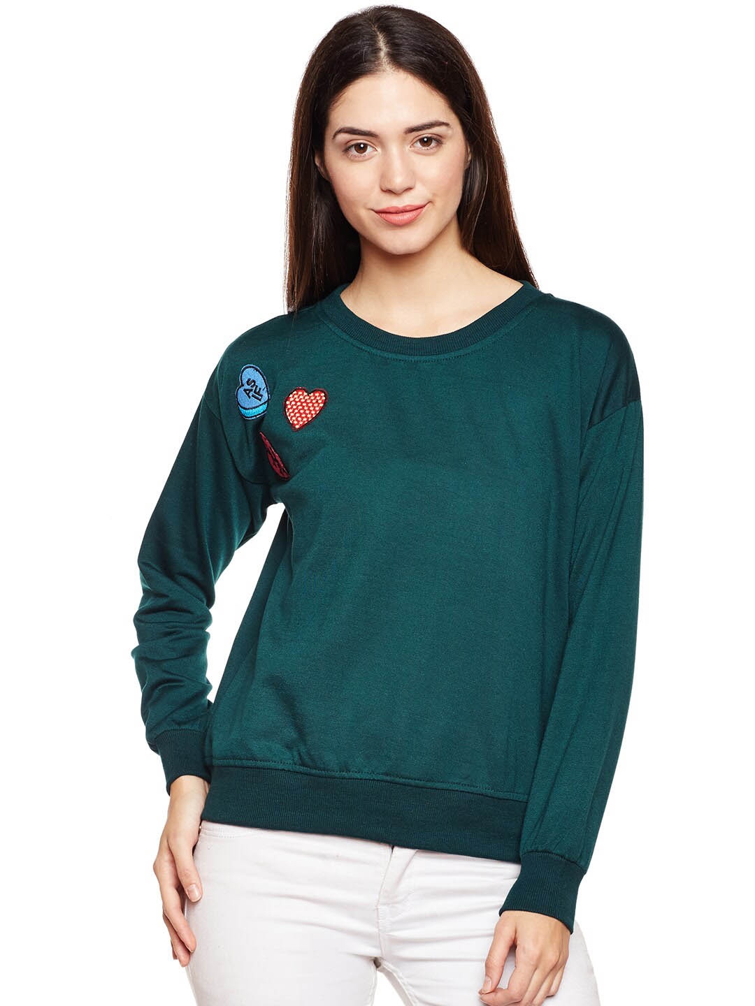 

BAESD Round Neck Applique Fleece Pullover Sweatshirt, Teal