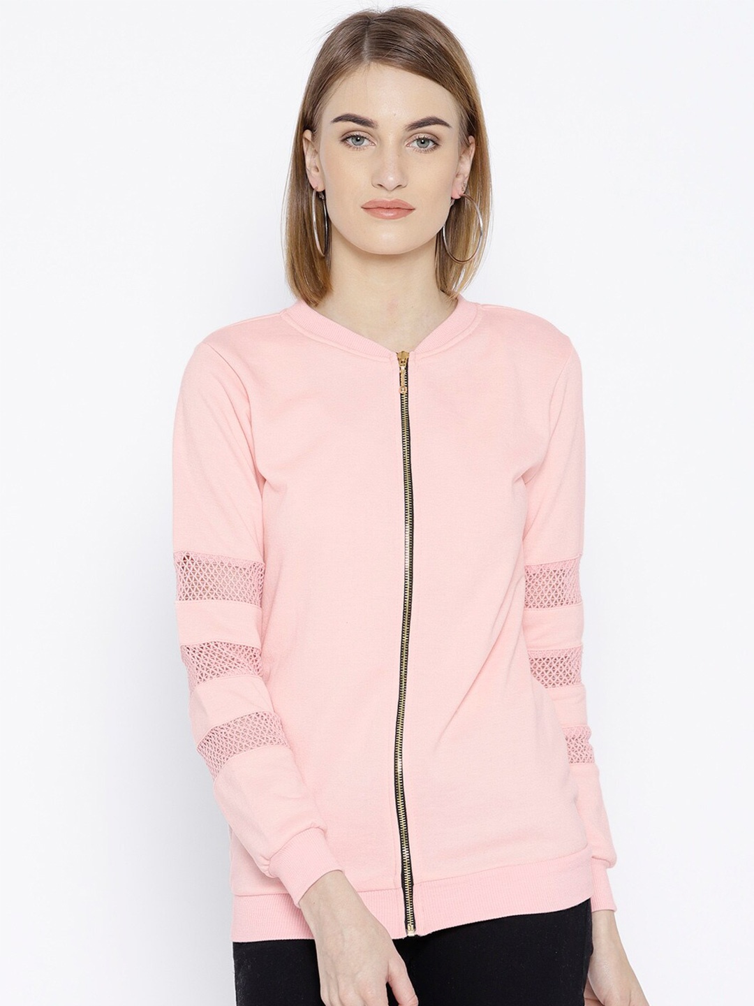 

BAESD Mandarin Collar Lace Inserts Fleece Front Open Sweatshirt, Pink