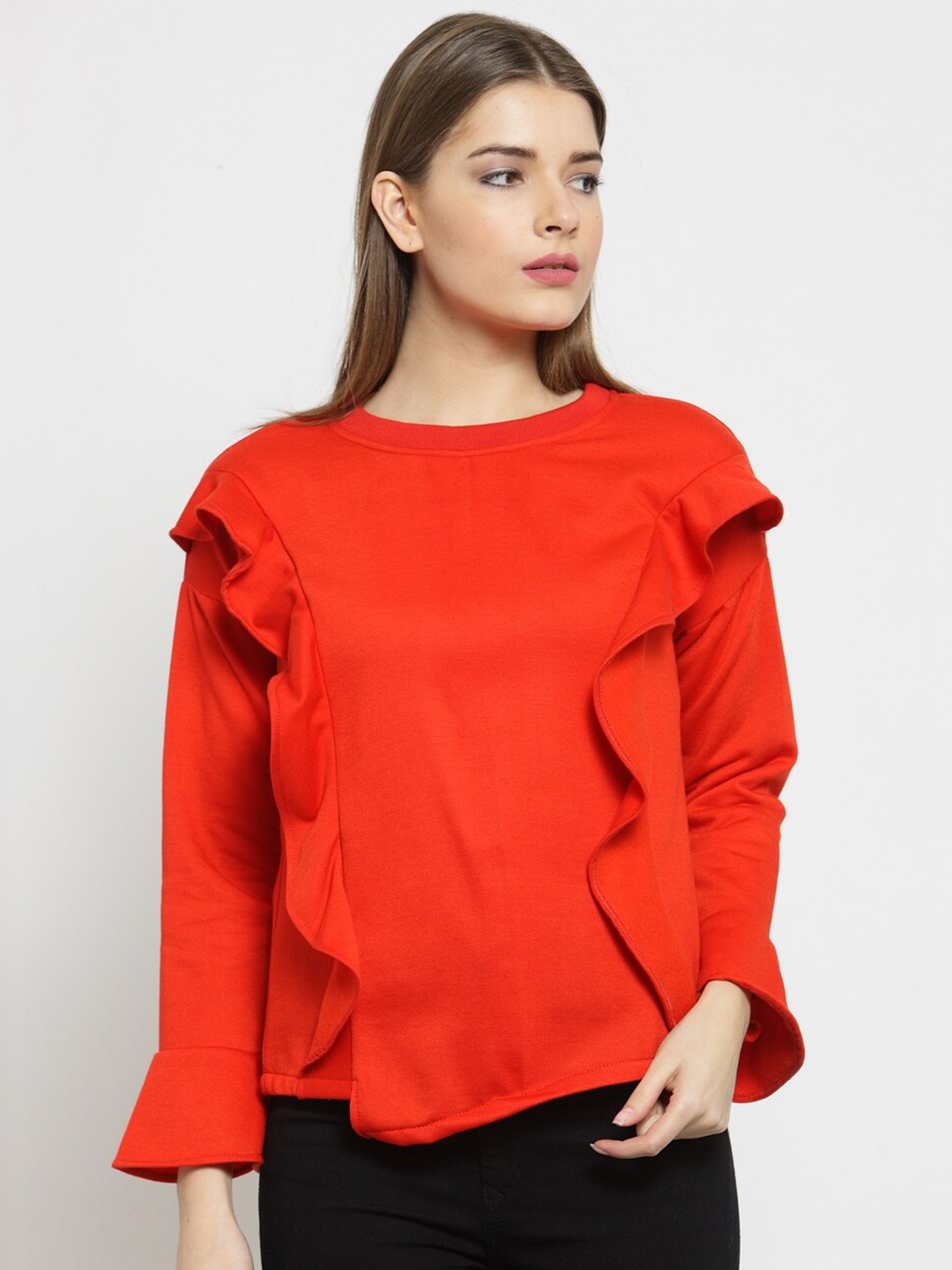 

BAESD Ruffled Drop Shoulder Sleeves Fleece Pullover, Red