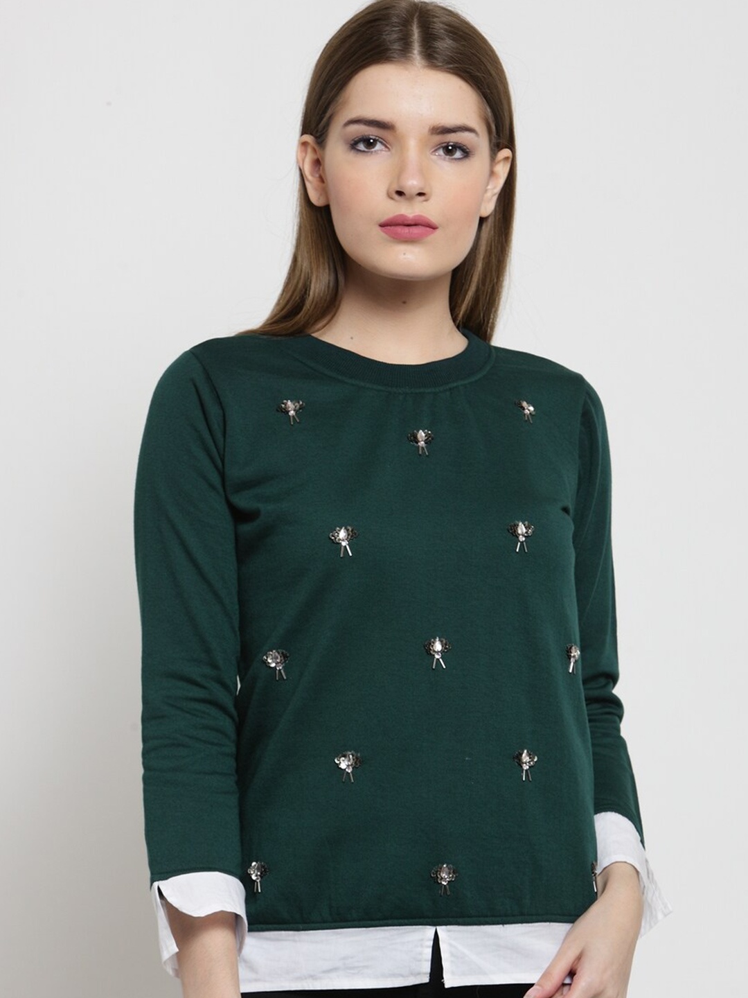 

BAESD Floral Sequinned Embellished Fleece Pullover, Green