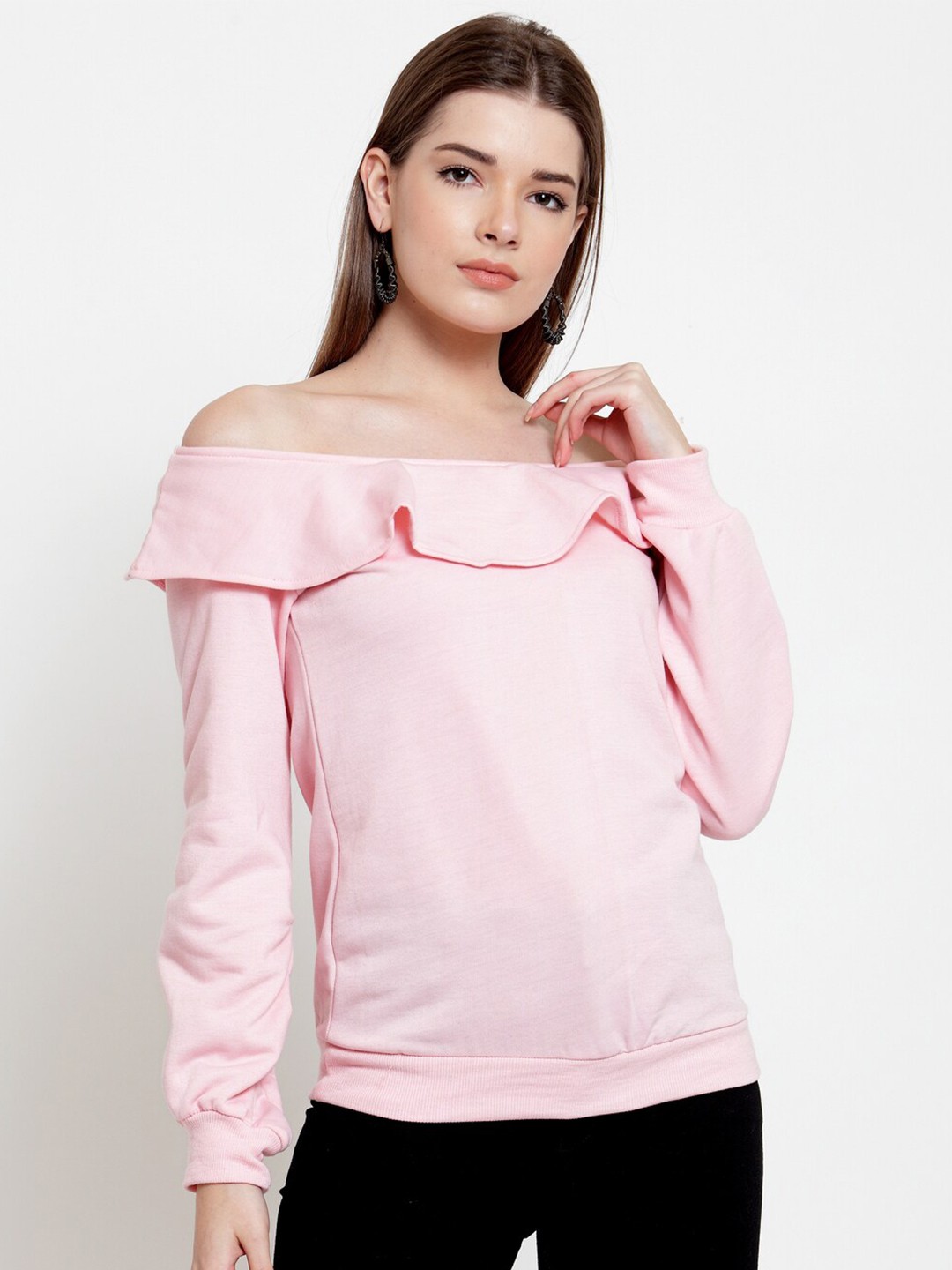 

BAESD Off-Shoulder Long Sleeves Fleece Pullover Sweatshirt, Pink
