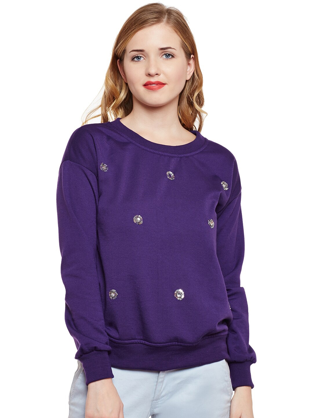 

BAESD Sequinned Drop Shoulder Sleeves Fleece Pullover, Purple