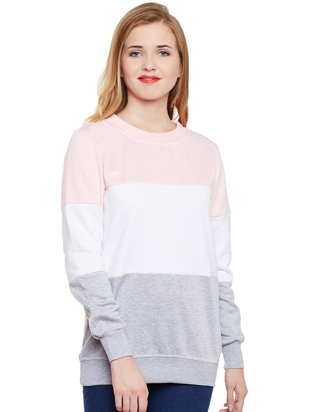 

BAESD Colourblocked Round Neck Long Sleeves Fleece Pullover Sweatshirt, Pink