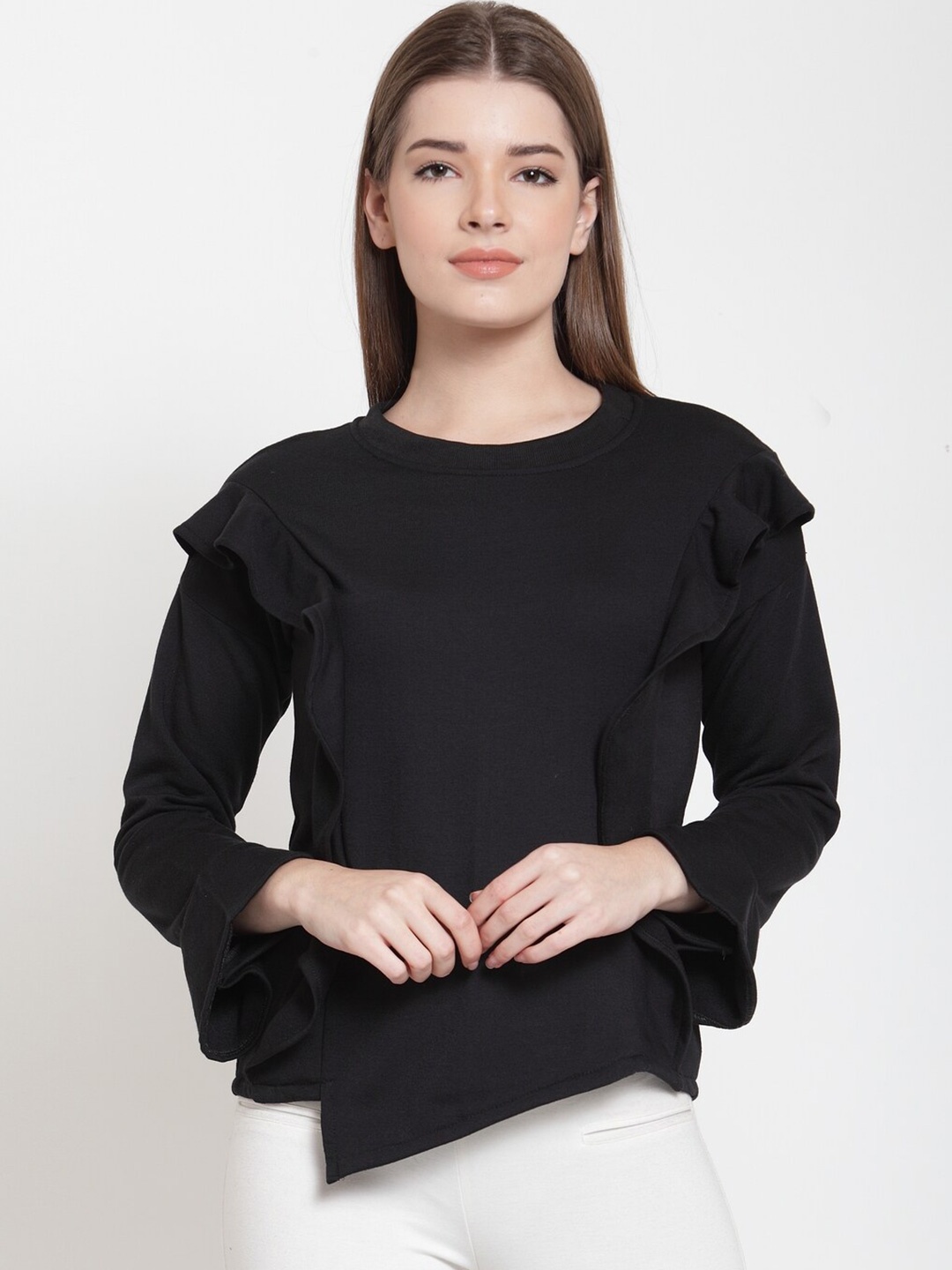 

BAESD Round Neck Ruffles Fleece Pullover Sweatshirt, Black