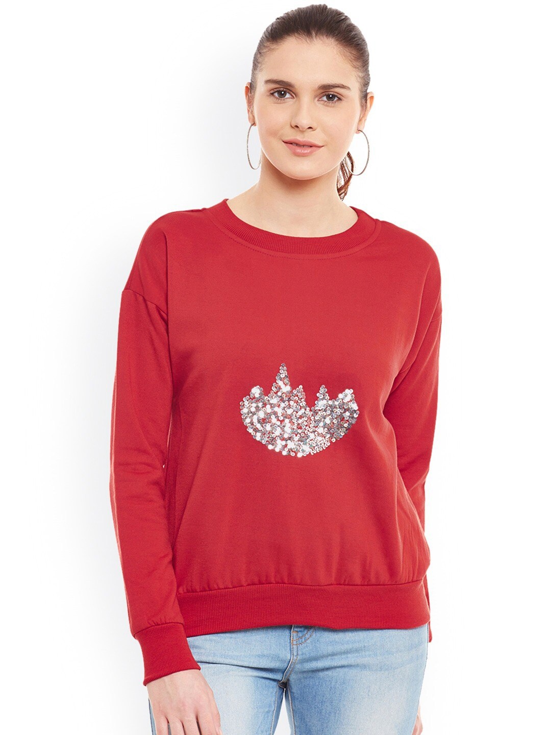 

BAESD Embellished Ribbed Fleece Sweatshirt, Red