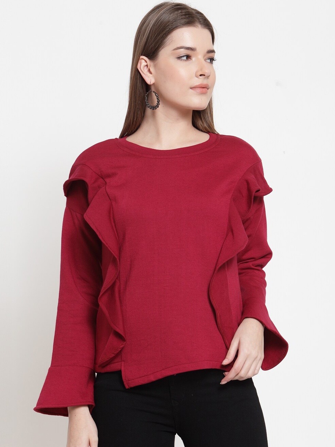 

BAESD Round Neck Ruffled Fleece Pullover, Maroon