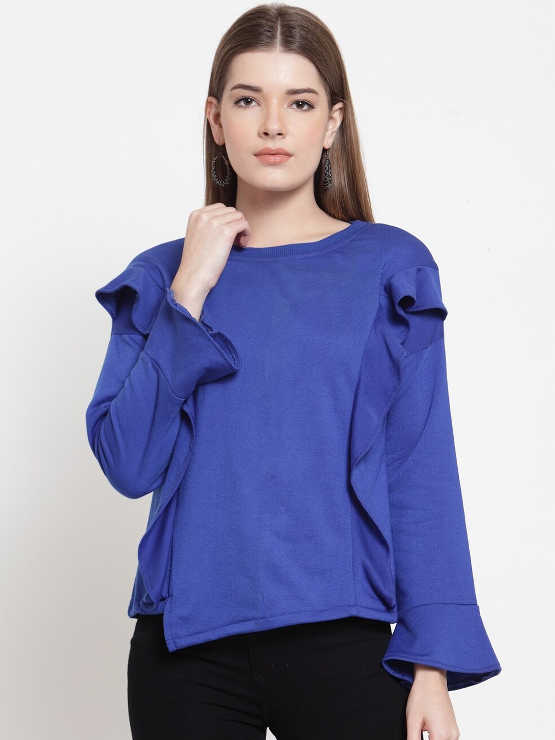 

BAESD Round Neck Ruffles Fleece Sweatshirt, Blue