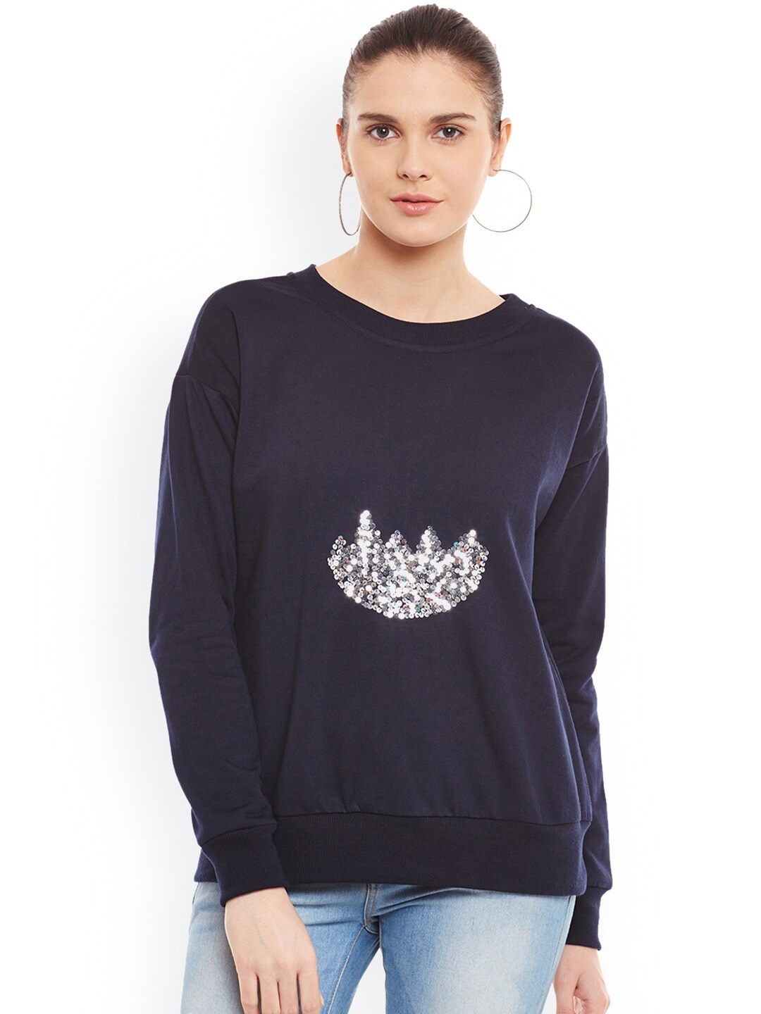 

BAESD Sequinned Embellished Pullover Fleece Sweatshirt, Navy blue