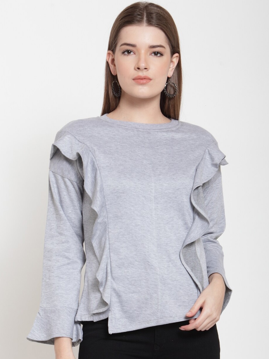 

BAESD Ruffles Detail Fleece Pullover Sweatshirt, Grey melange