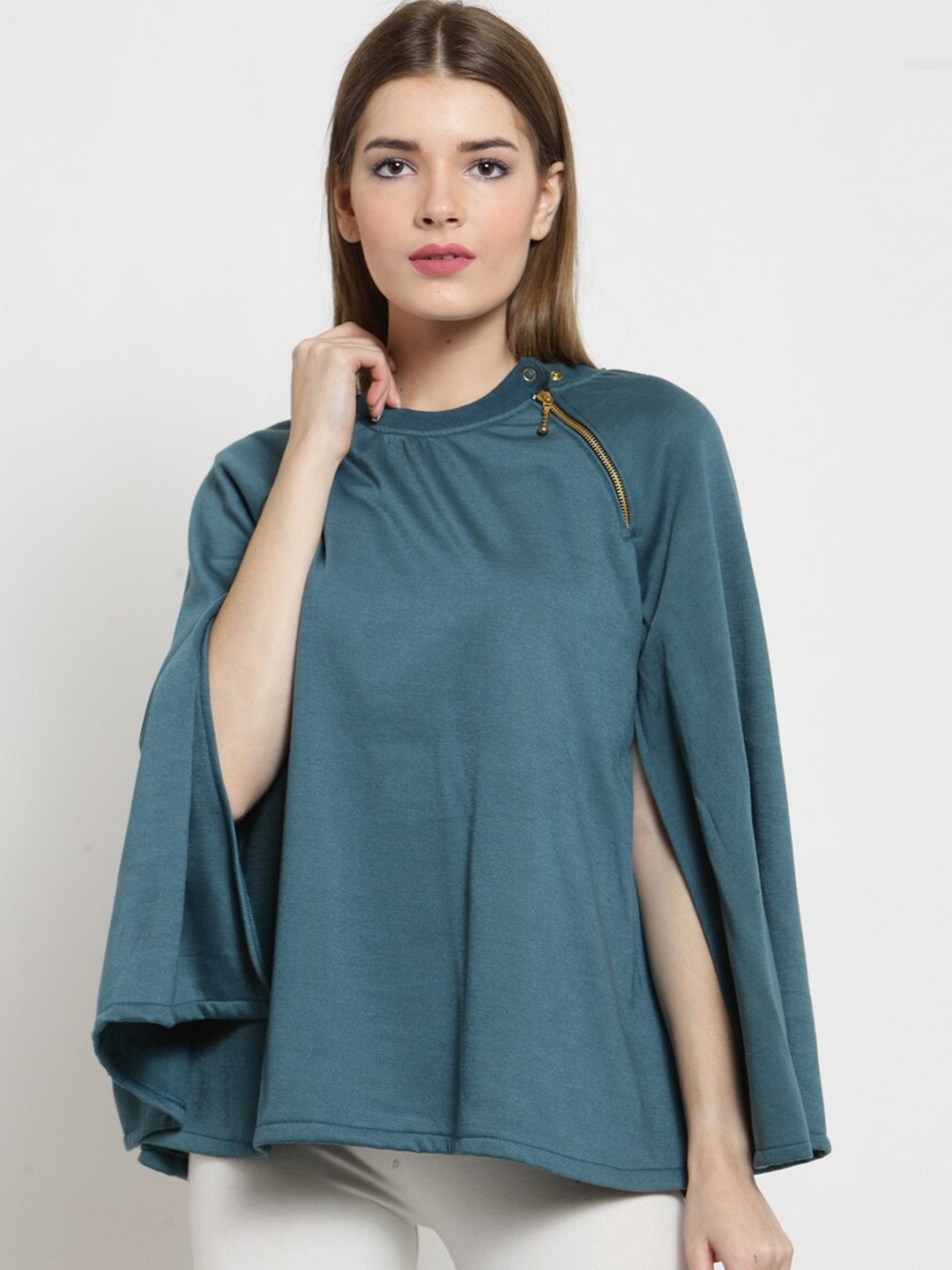 

BAESD Flared Sleeves Zip Detail Fleece Pullover Sweatshirt, Teal