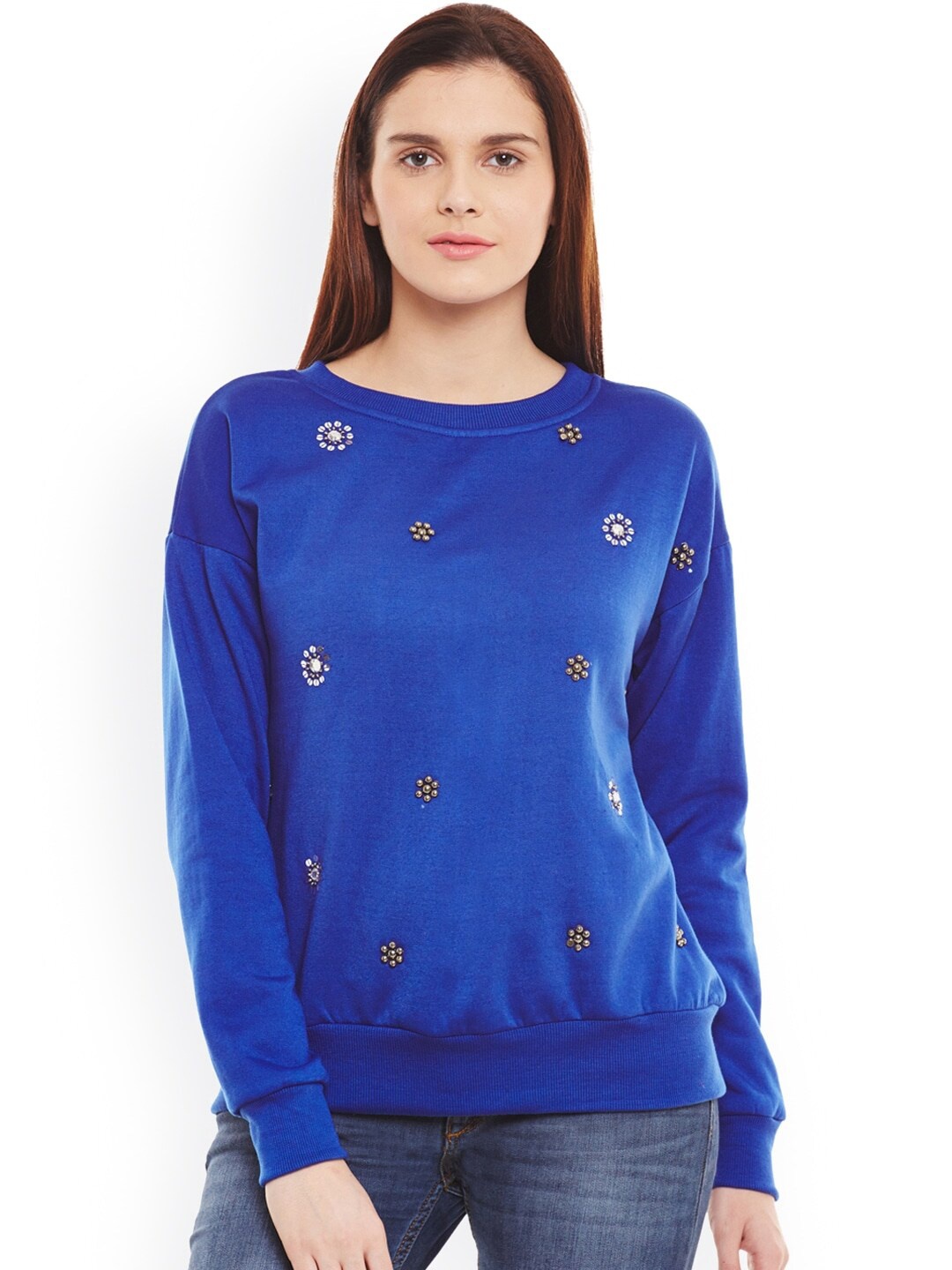 

BAESD Round Neck Embellished Fleece Pullover Sweatshirt, Blue