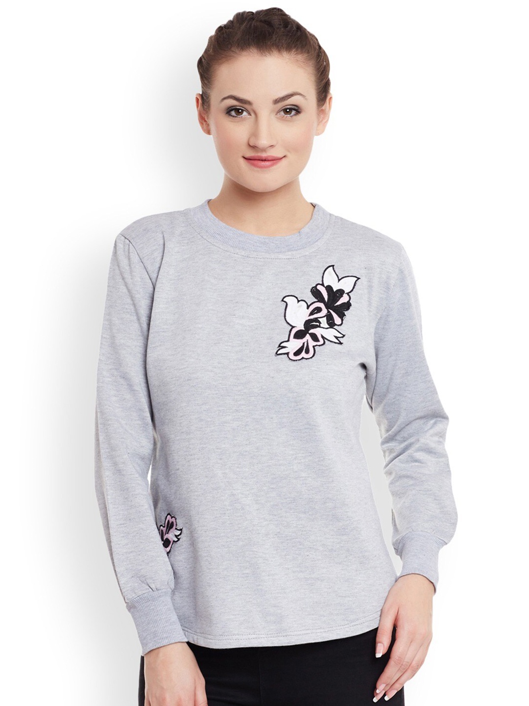 

BAESD Round Neck Long Sleeves Fleece Floral Applique Pullover Sweatshirt, Grey melange