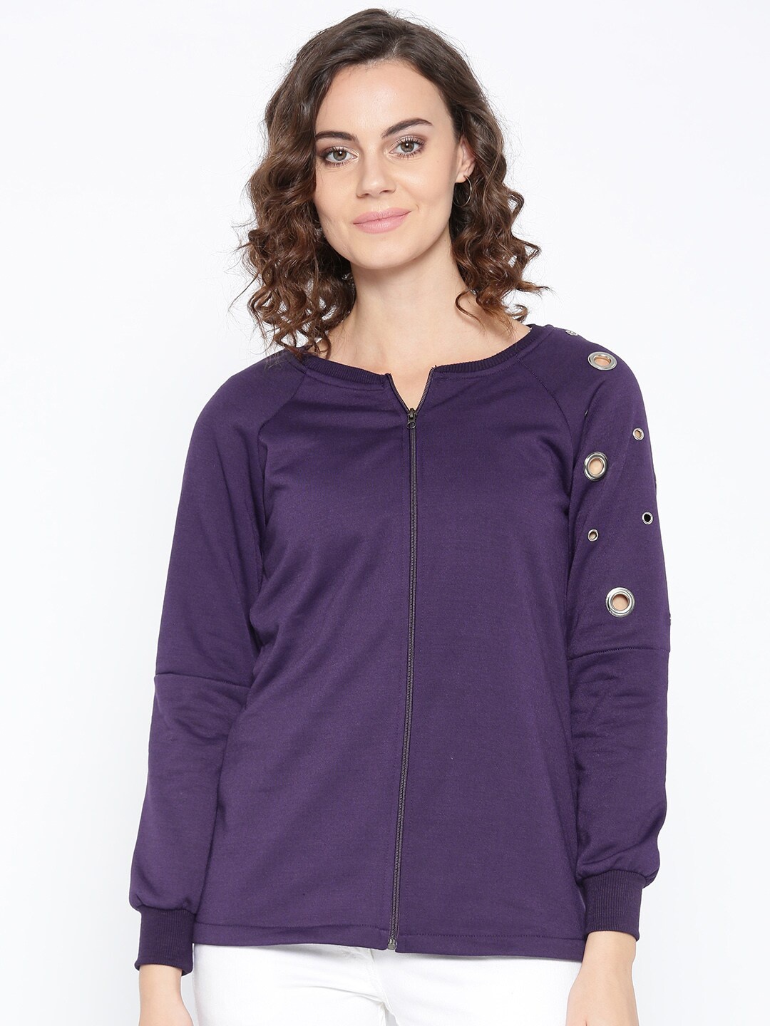 

BAESD Stand Collar Cut Work Fleece Front Open Sweatshirt, Purple