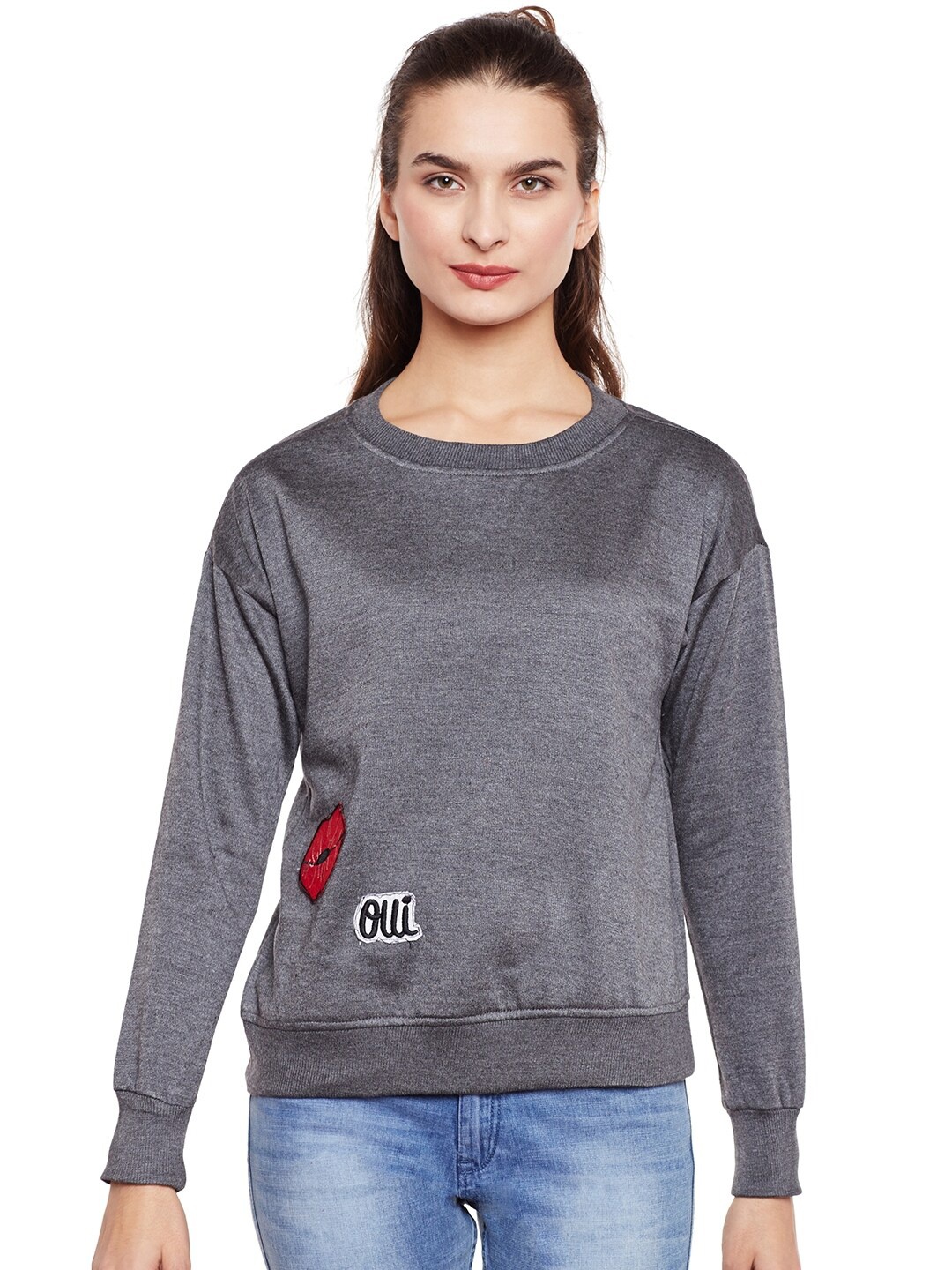 

BAESD Round Neck Long Sleeves Fleece Applique Pullover Sweatshirt, Grey
