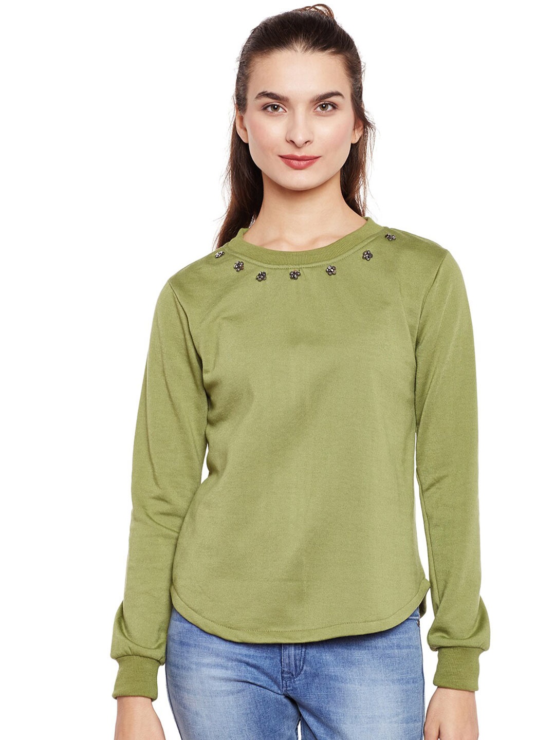 

BAESD Round Neck Long Sleeve Embellished Fleece Pullover Sweatshirt, Olive