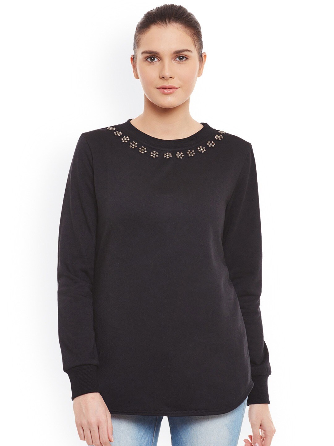 

BAESD Embellished Round Neck Fleece Pullover Sweatshirt, Black