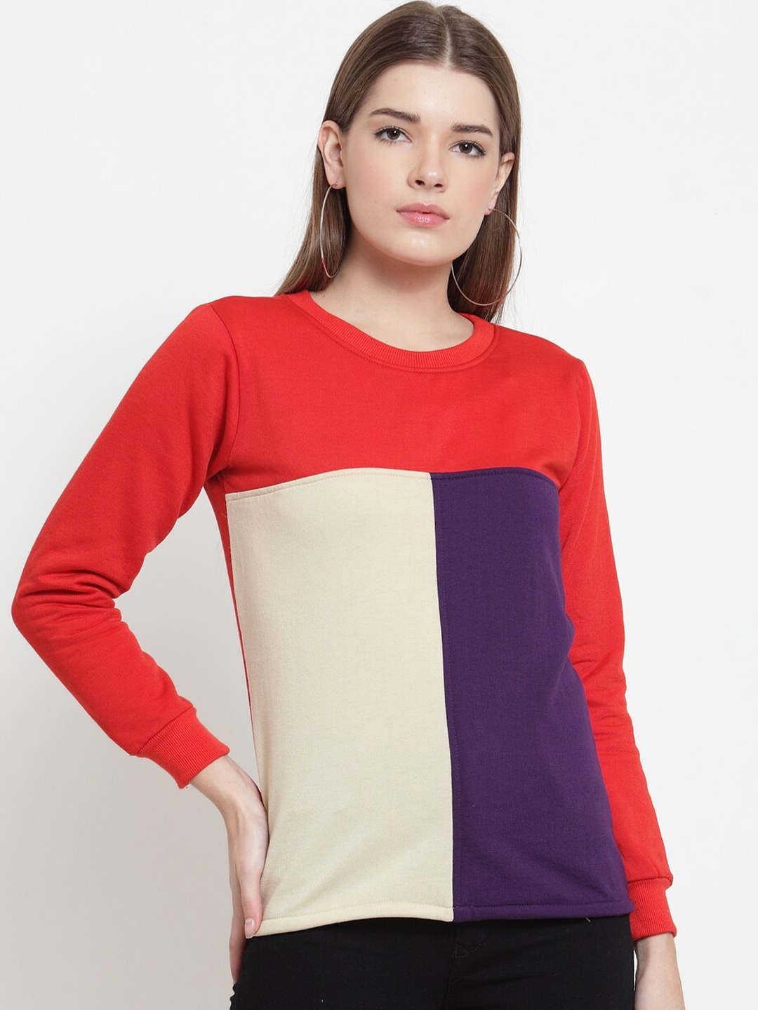 

BAESD Colourblocked Round Neck Long Sleeves Fleece Pullover Sweatshirt, Red