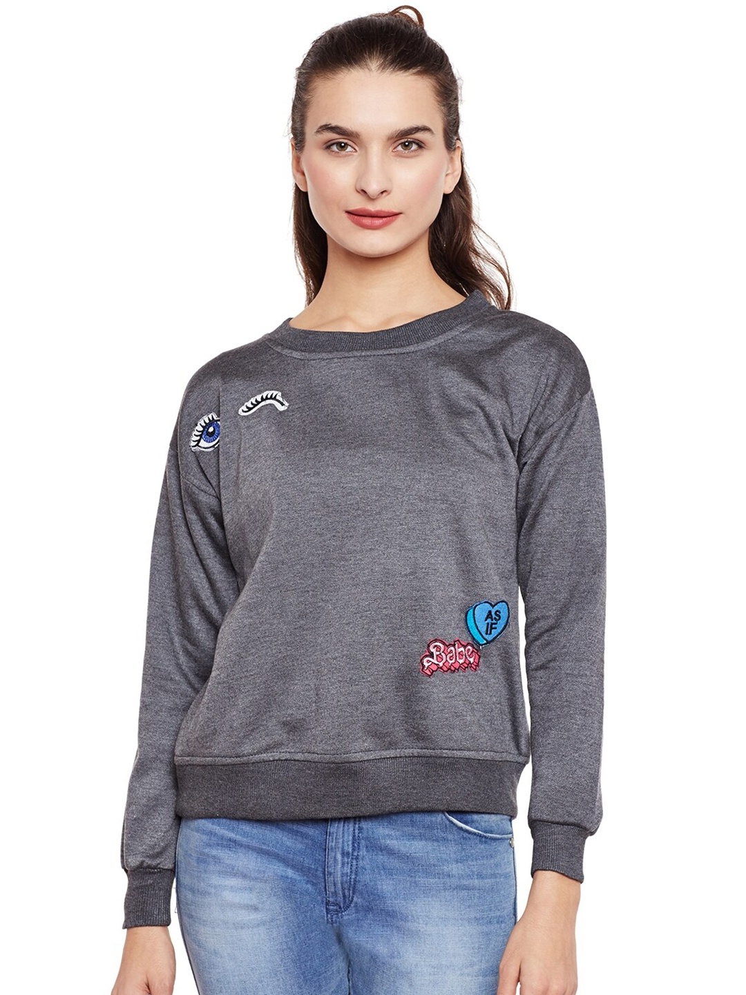 

BAESD Embroidered Detail Round Neck Pullover, Grey