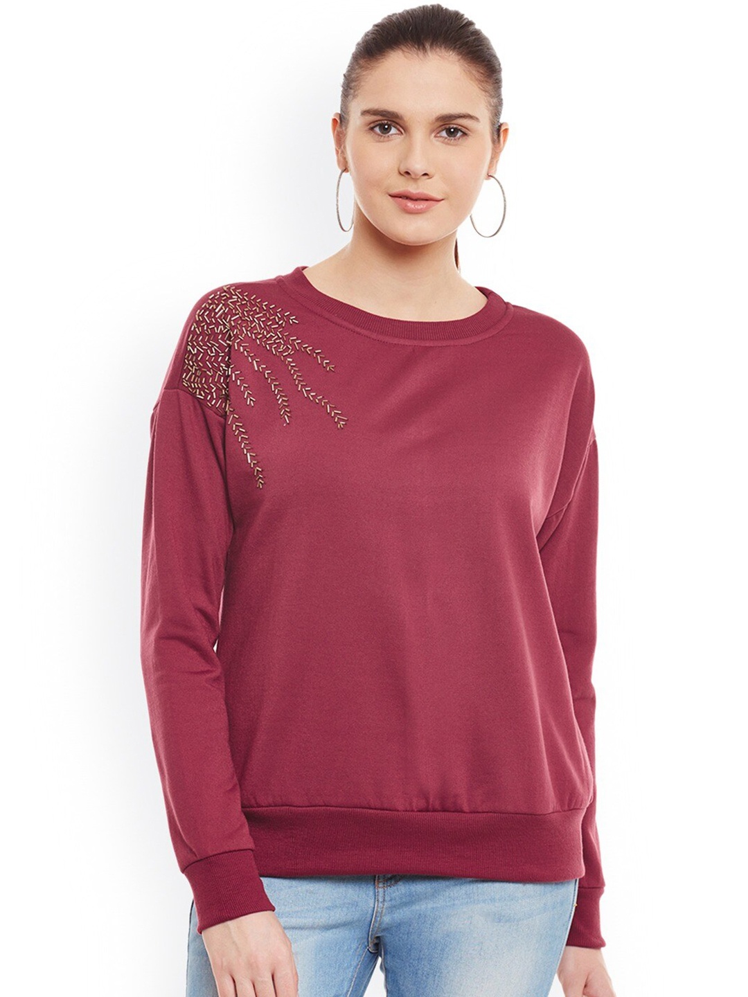 

BAESD Embellished Round Neck Fleece Pullover Sweatshirt, Maroon