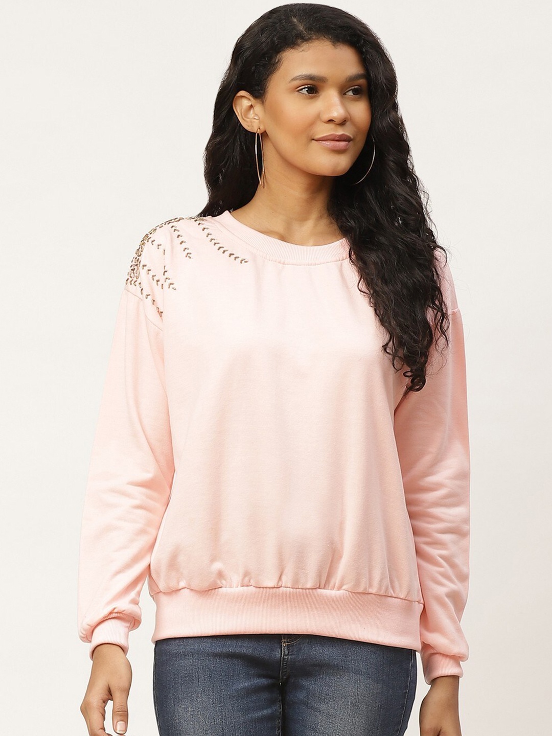 

BAESD Round Neck Embellished Fleece Pullover Sweatshirt, Pink