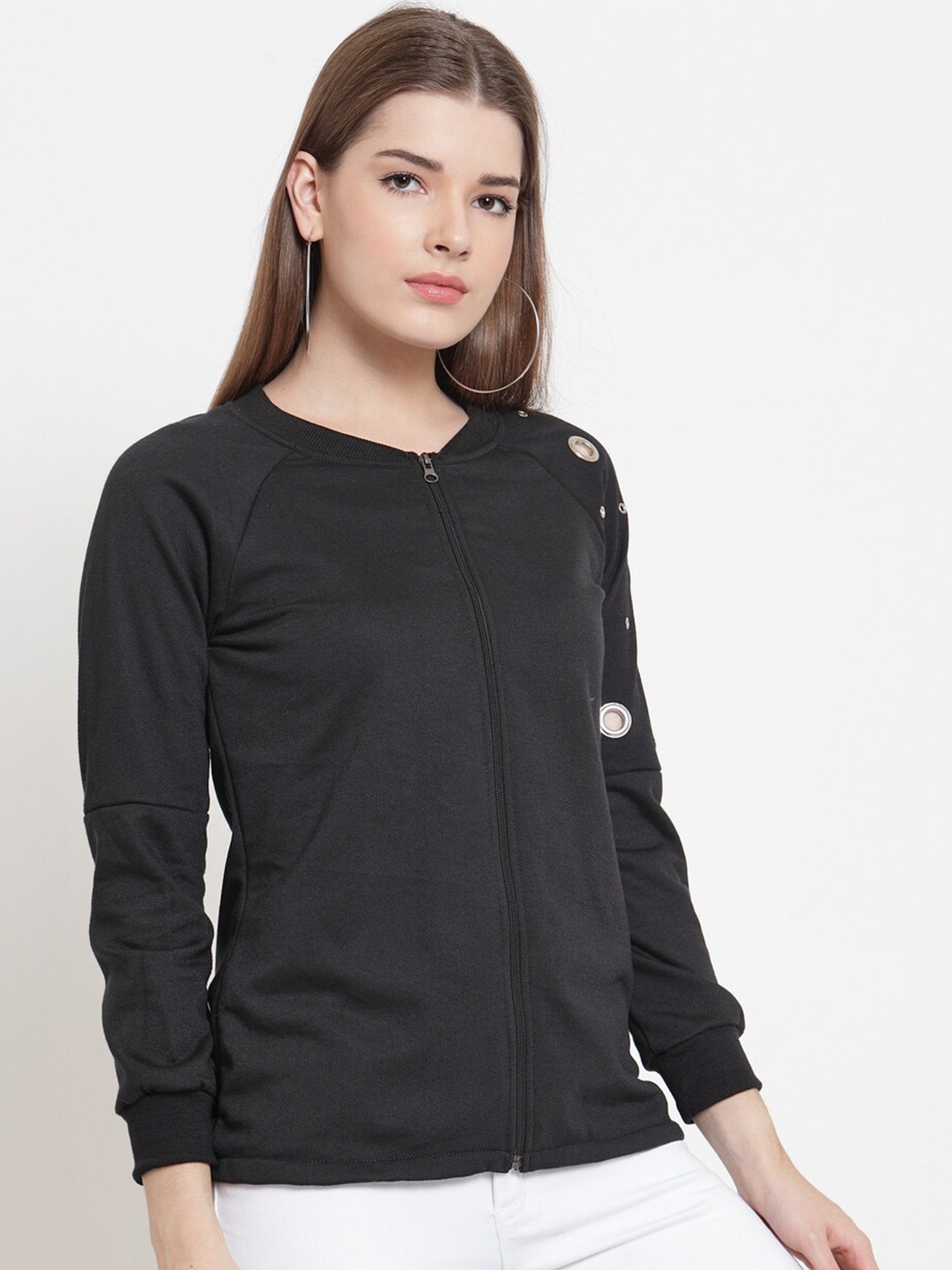 

BAESD Cut-Out Detail Sleeves Fleece Front-Open Sweatshirt, Black