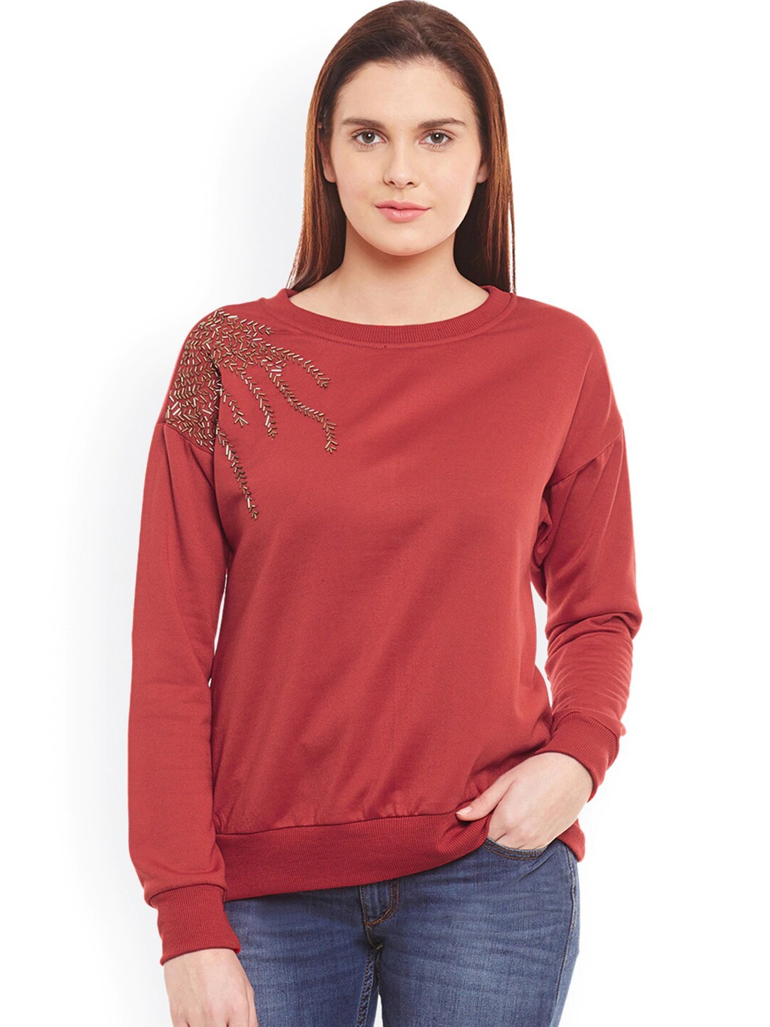 

BAESD Round Neck Embellished Fleece Pullover, Red