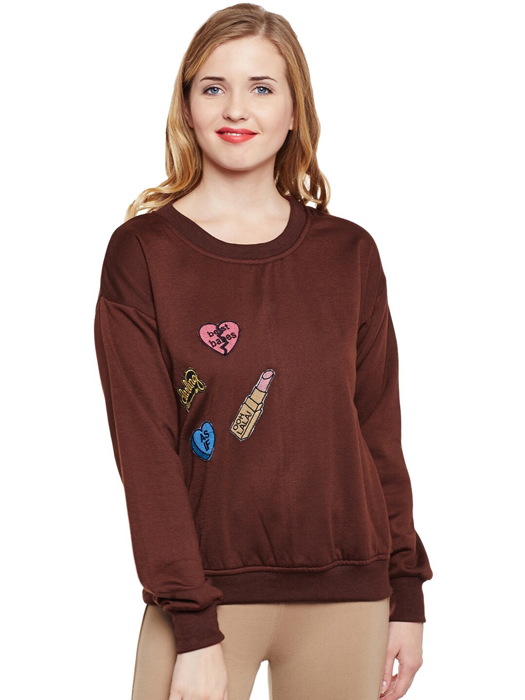 

BAESD Round Neck Long Sleeves Fleece Applique Pullover Sweatshirt, Brown
