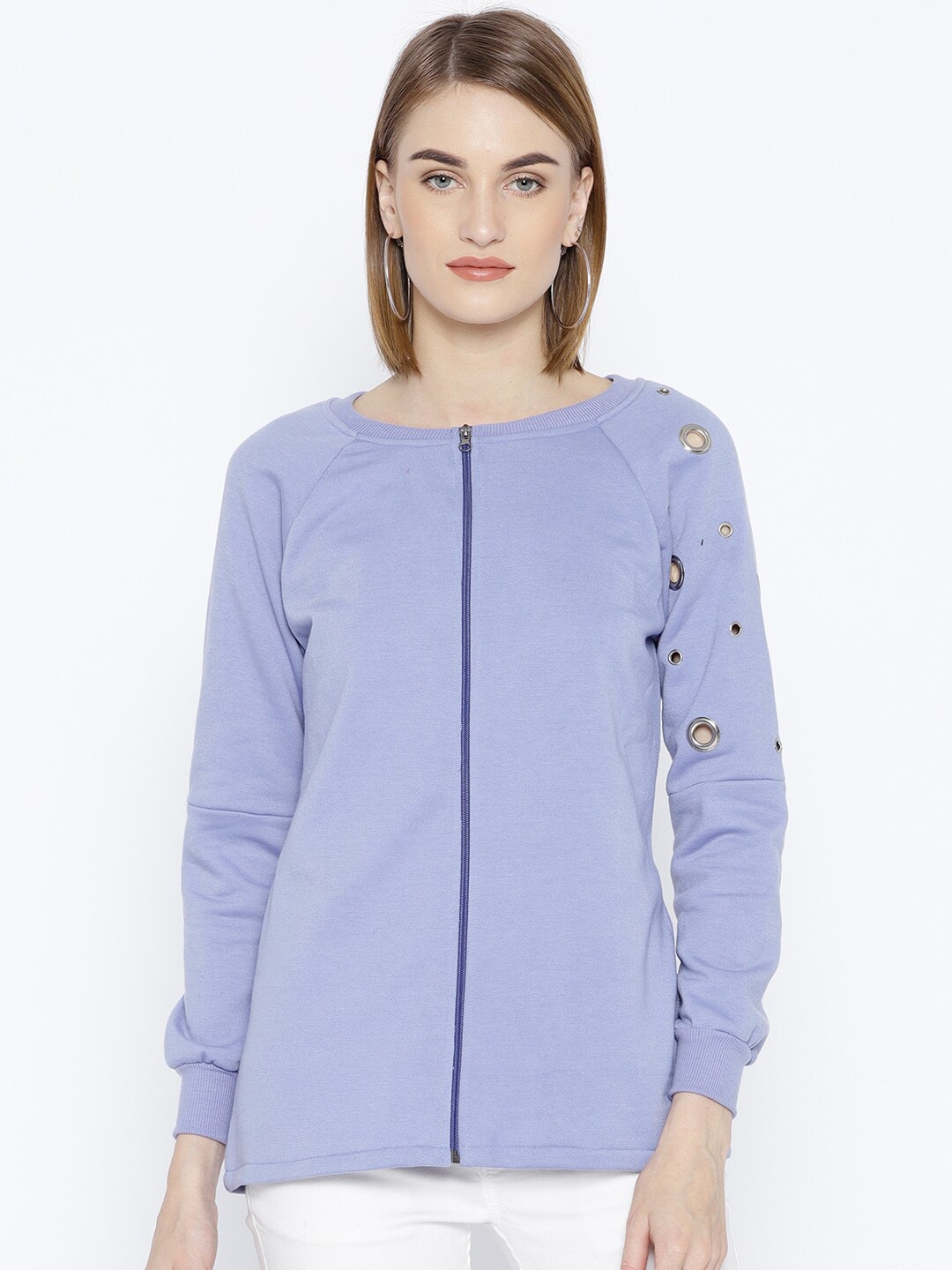 

BAESD Round Neck Long Sleeves Fleece Cut Out Front-Open Sweatshirt, Blue