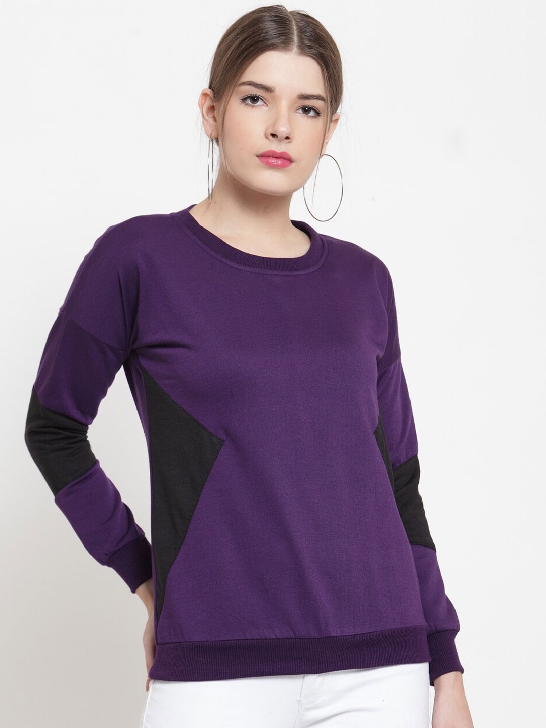 

BAESD Colourblocked Round Neck Long Sleeve Fleece Pullover Sweatshirt, Purple