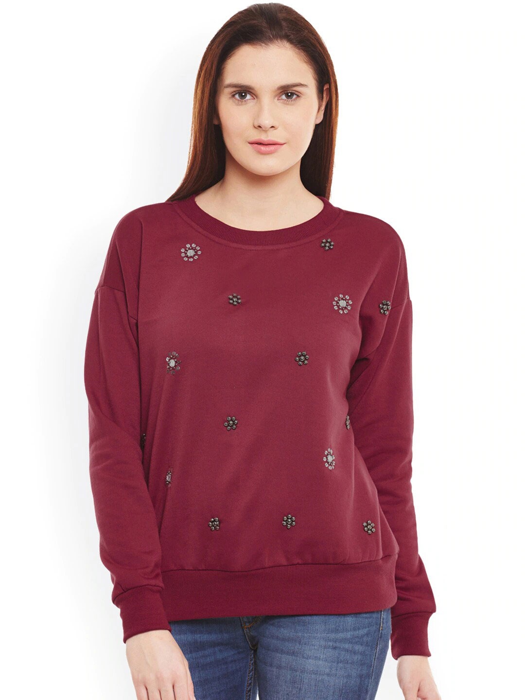 

BAESD Floral Embroidered Fleece Pullover Sweatshirt, Maroon