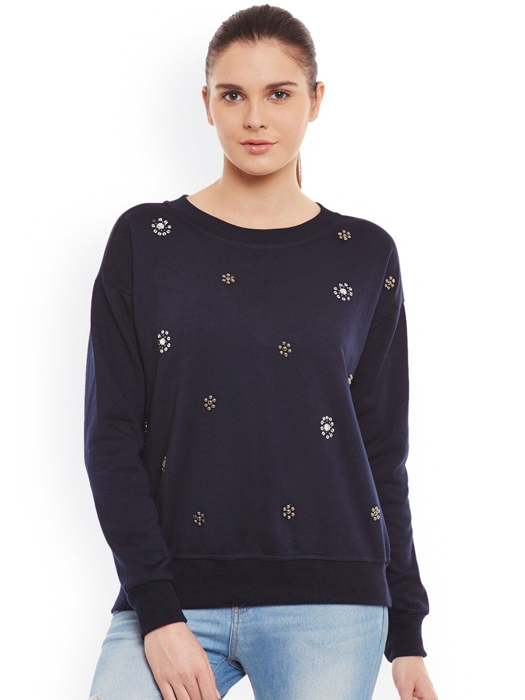 

BAESD Embellished Sequined Fleece Sweatshirt, Navy blue