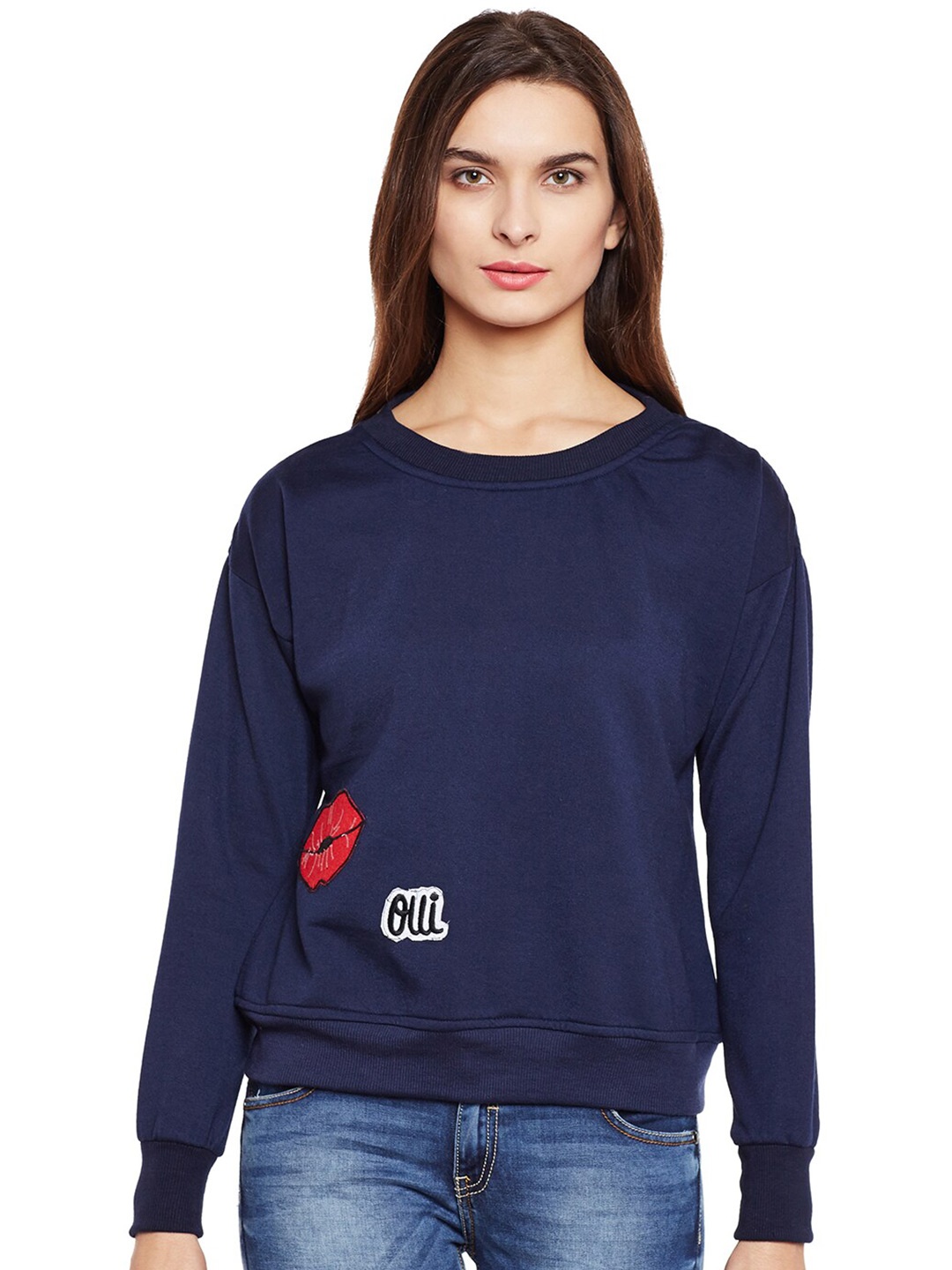 

BAESD Round Neck Applique Detail Fleece Pullover Sweatshirt, Navy blue