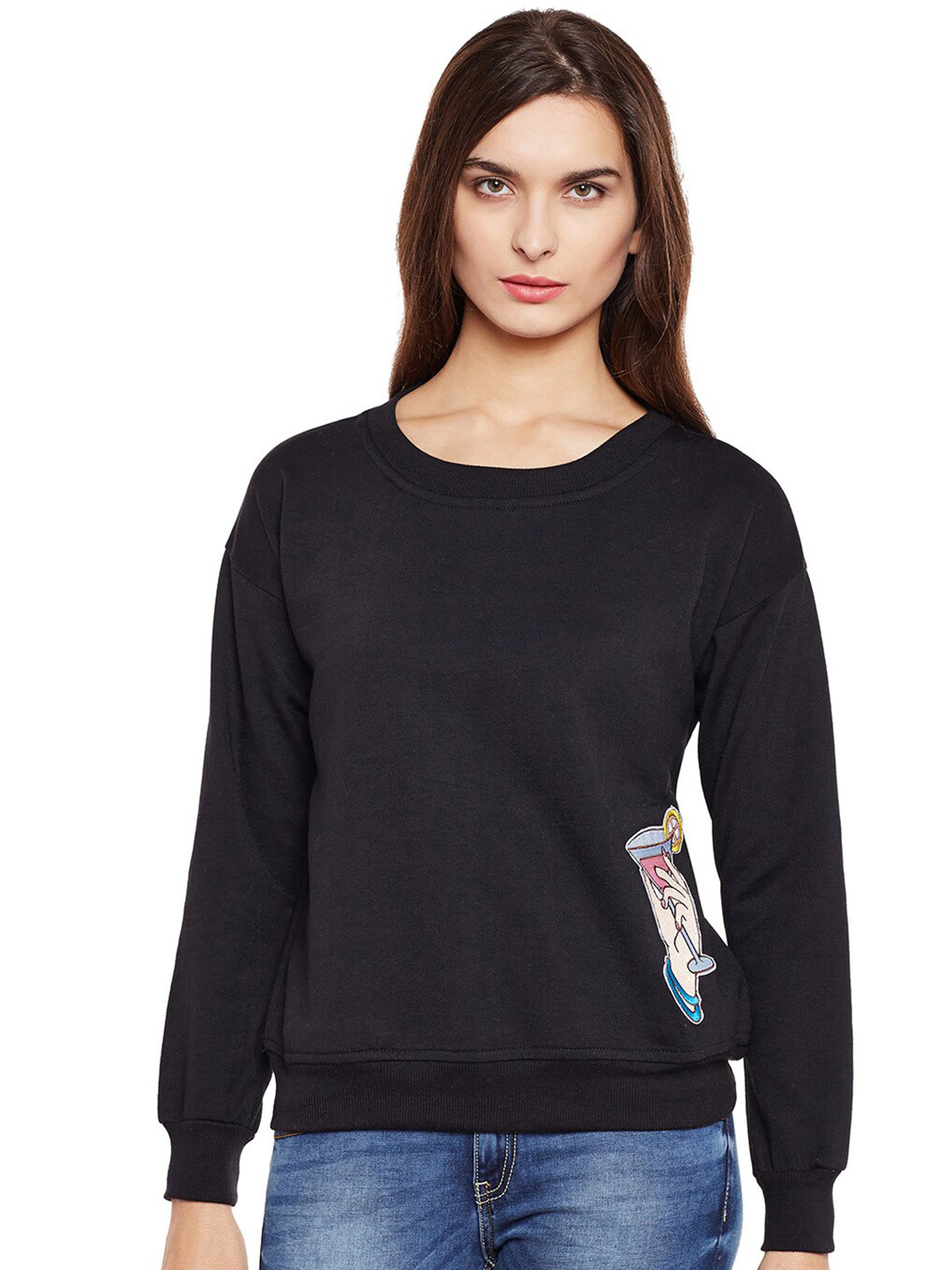 

BAESD Printed Round Neck Fleece Pullover, Black