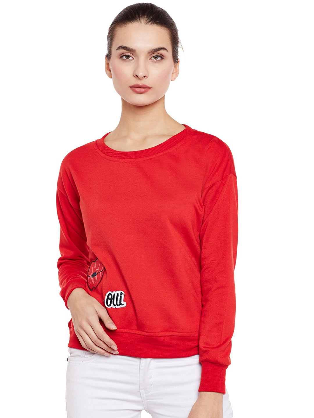 

BAESD Round Neck Applique Detail Fleece Pullover Sweatshirt, Red