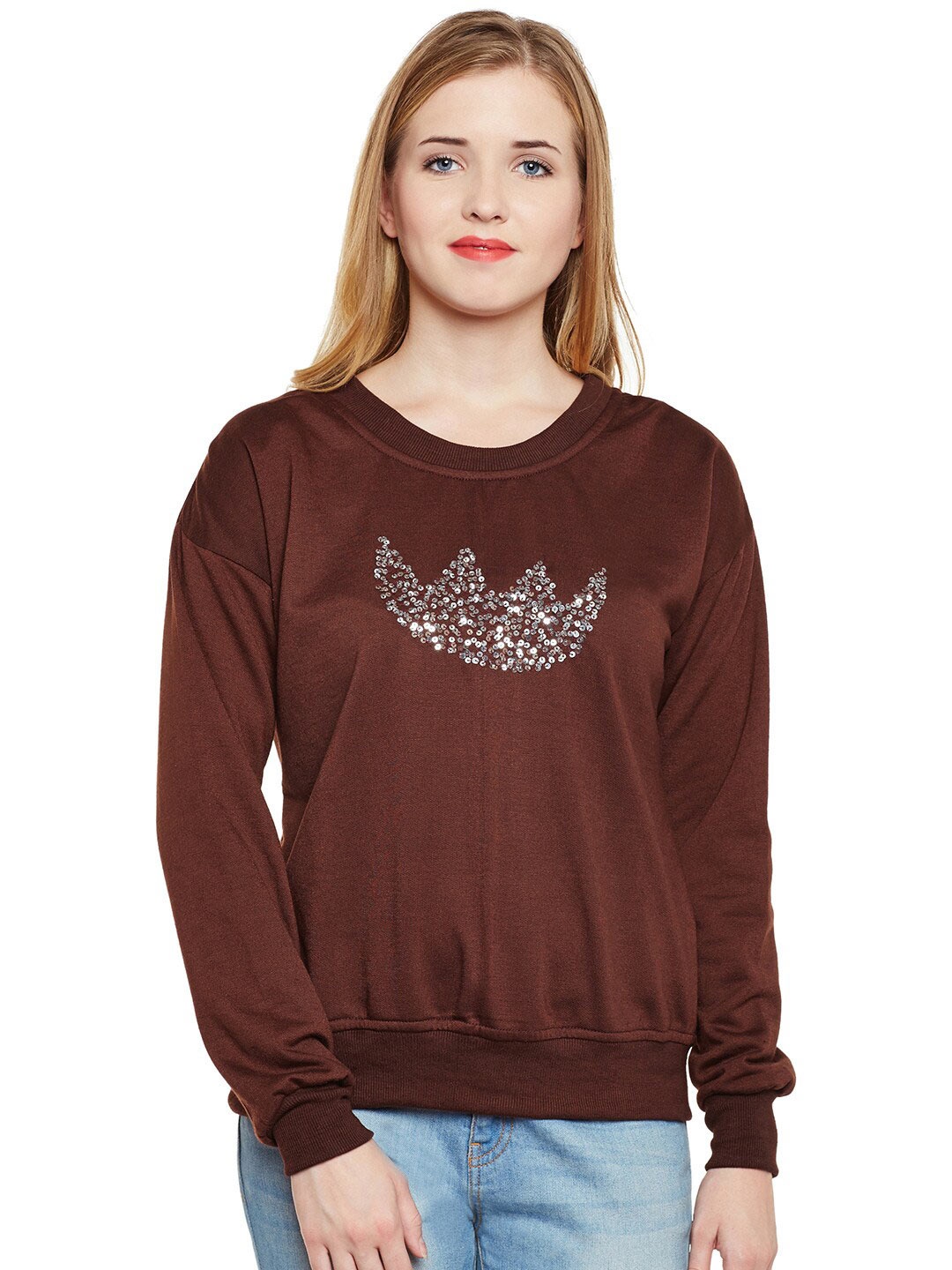 

BAESD Sequinned Embellished Pullover Fleece Sweatshirt, Brown