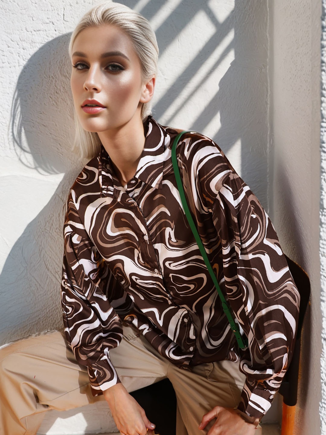 

RARE Abstract Printed Spread Collar Casual Satin Shirt, Brown