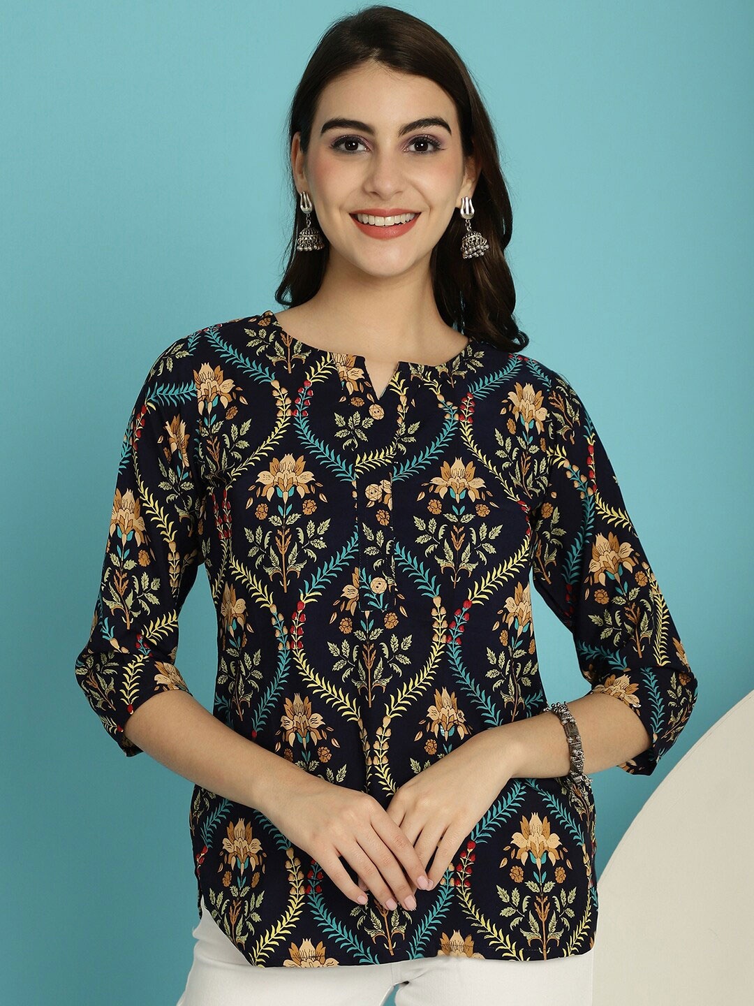 

Poshyaa Floral Printed Crepe Top, Navy blue