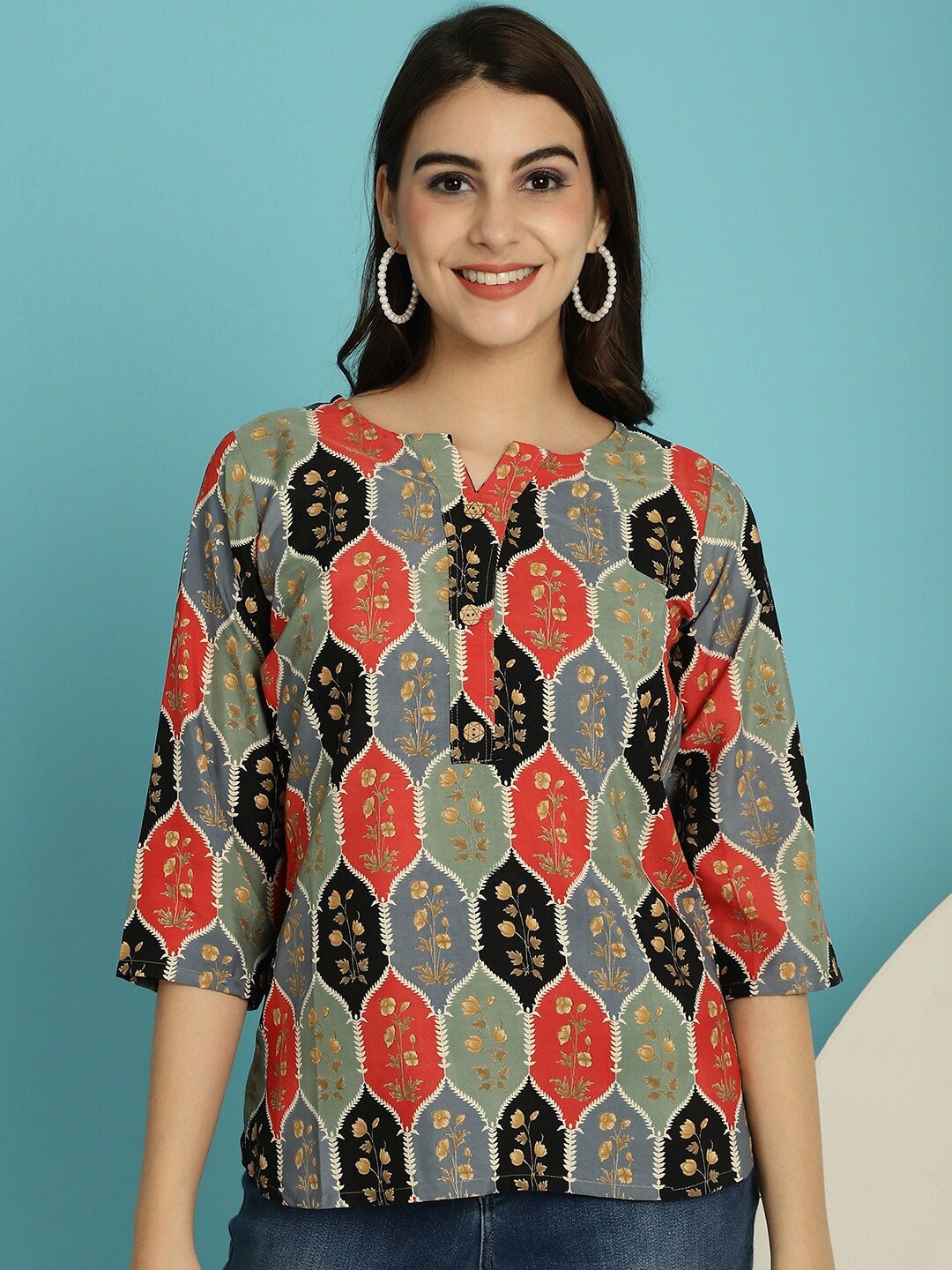 

Poshyaa Floral Printed Casual Crepe Top, Red