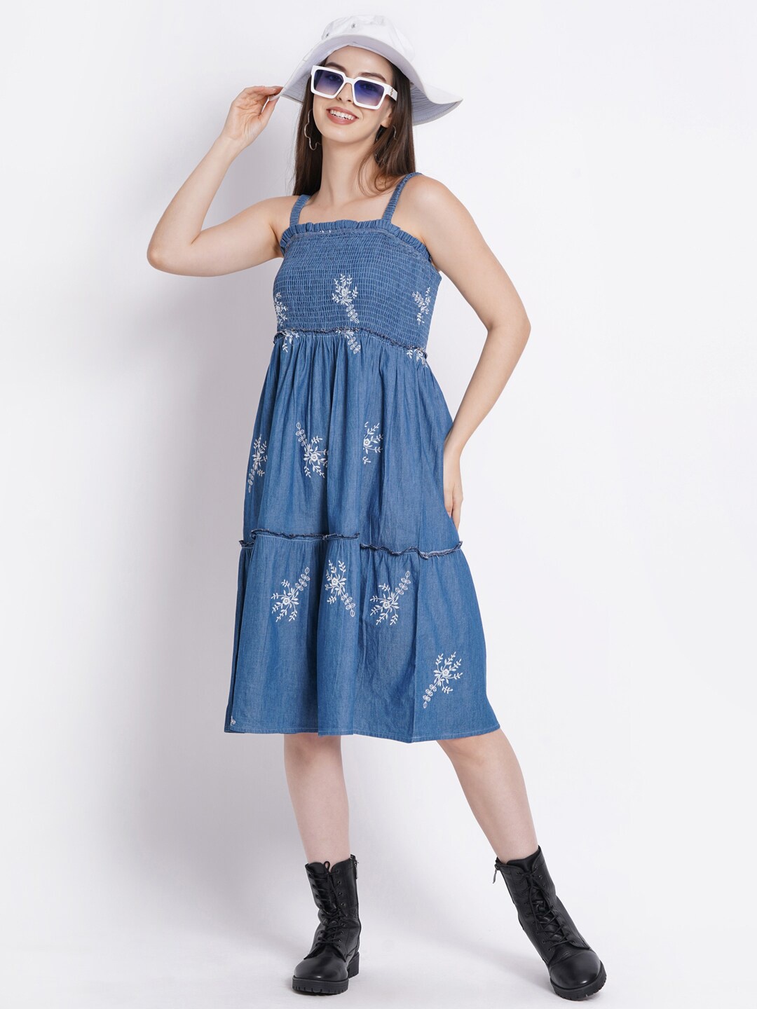 

SUMAVI-FASHION Floral Embroidered Smocked Organic Cotton Denim A-Line Dress, Blue