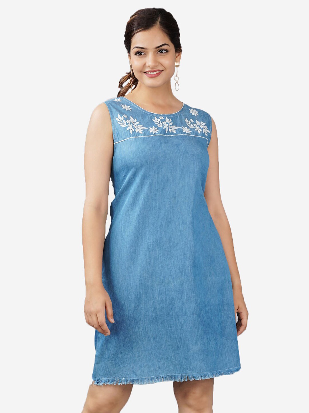 

SUMAVI-FASHION Floral Embroidered Organic Cotton Denim A-Line Dress, Blue